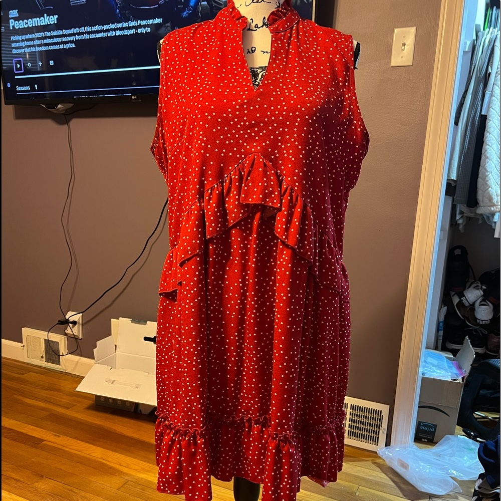 Red summer dress with white polka dots